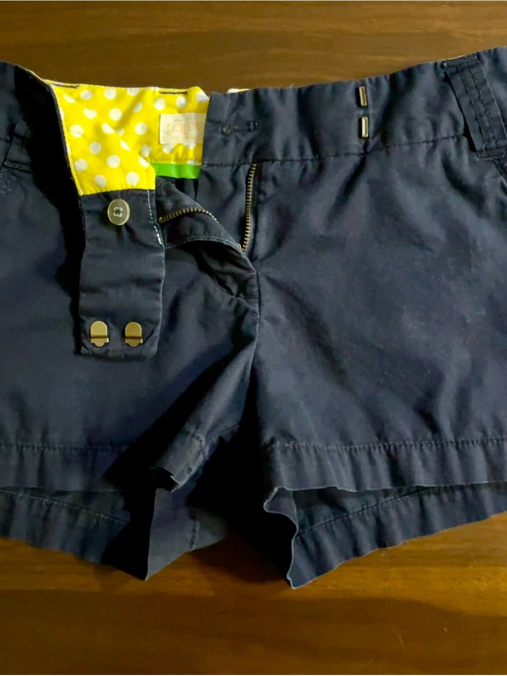J. Crew Navy Women's Bike Shorts with Yellow Polka Dot Lining - Picture 1 of 6